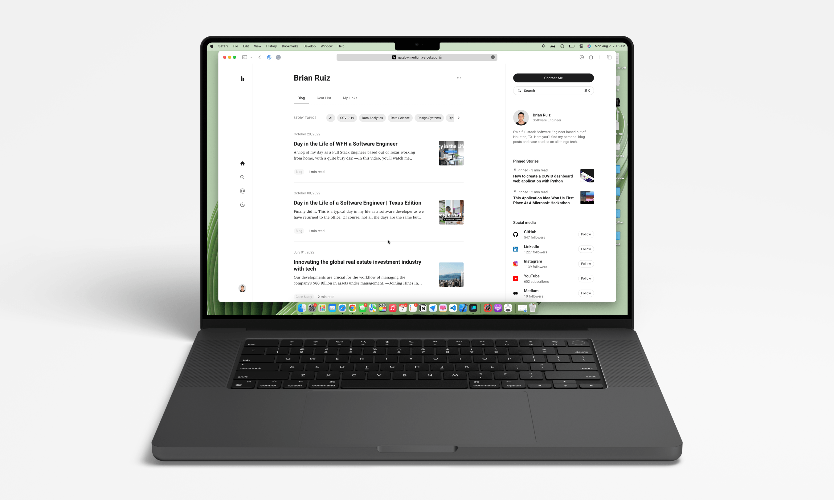 Gatsby Medium blog starter in light mode on a desktop display