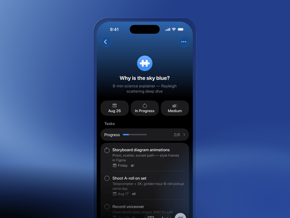 A Beam project with notes, properties, progress, and tasks