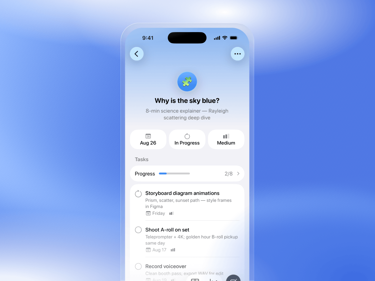 A Beam project with notes, properties, progress, and tasks
