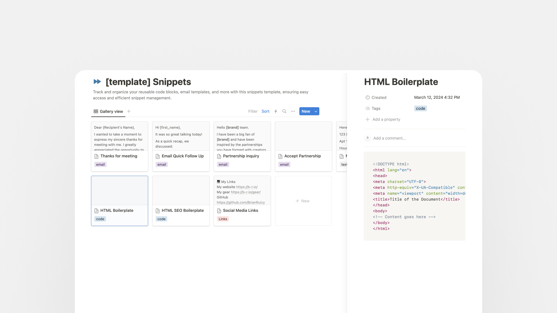 Snippets Notion template