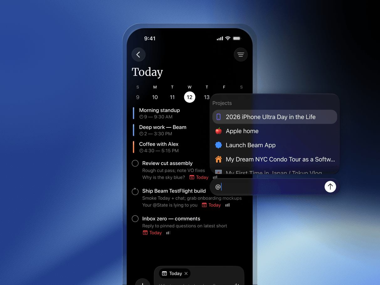 Beam’s Today view with tasks and calendar events