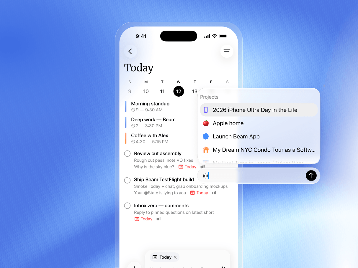 Beam’s Today view with tasks and calendar events