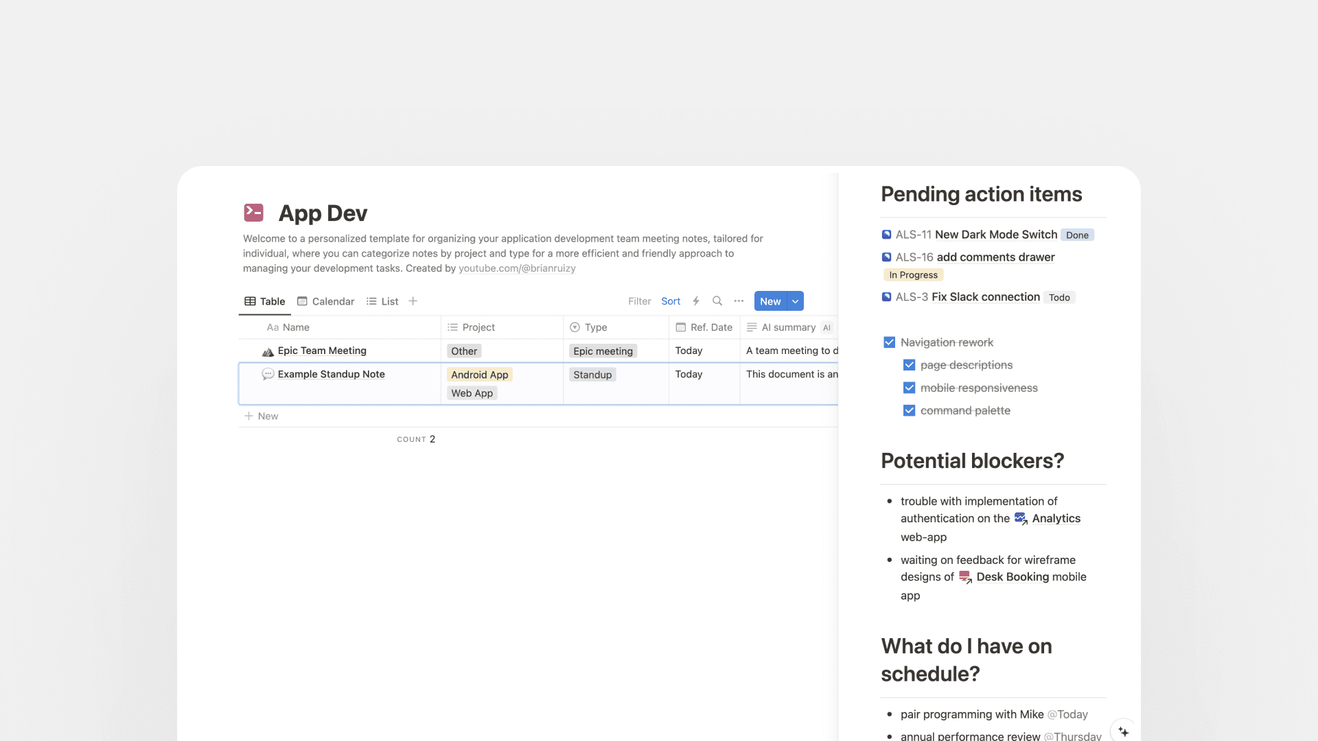 App development notes Notion template