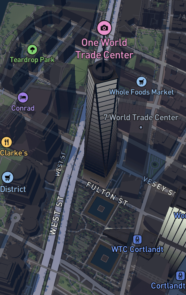 One World Trade Center on a dark Mapbox theme